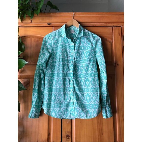 J.Crew Perfect button down Shirt geometric Ikat Lt. Green White Top SZ S - Picture 1 of 8